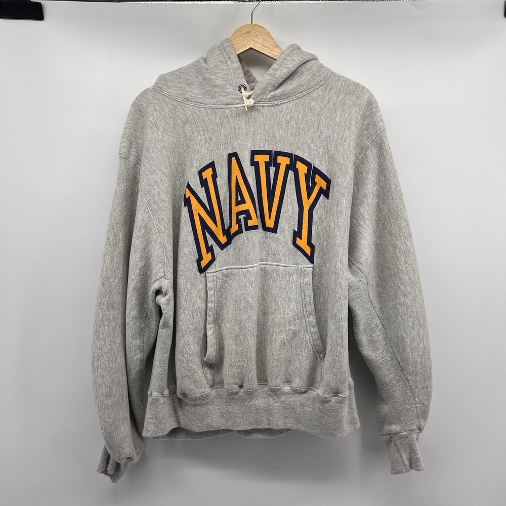 Vintage 80s 90s US Navy Pro Weave Hoodie Size Large Grey Pullover Sweatshirt - Picture 2 of 9